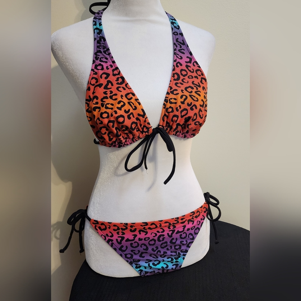 Y2K Rainbow Animal Print Swimsuit Bikini (Top is Large and Bottoms are M)